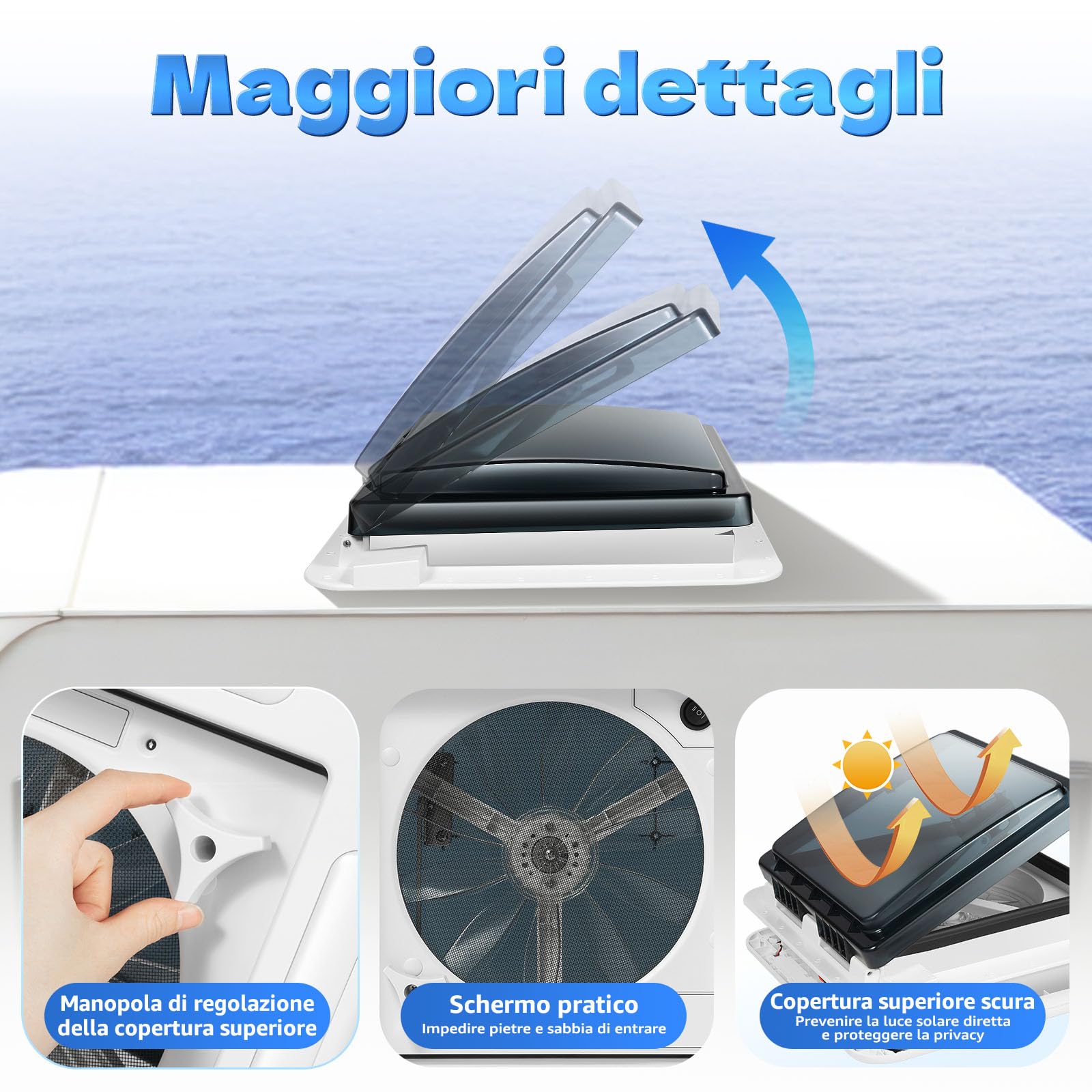 Finestra da tetto per camper 28x28 cm ventilazione insonorizzata ventola estrazione aria manuale LED 30W 12V