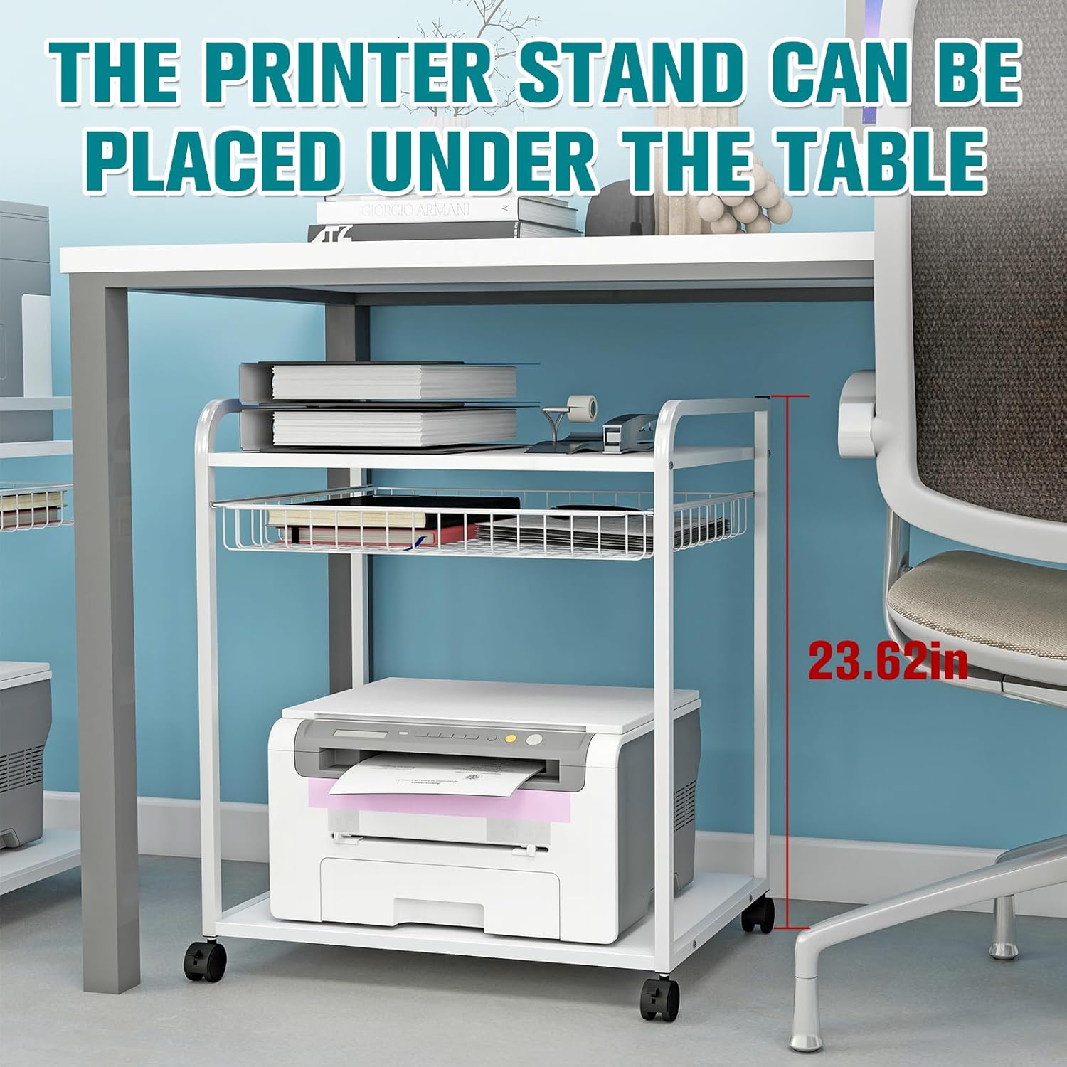 Large 2 Tier Storage Printer Stand with Basket,23.6"x21.6"x15.7" Rolling Printer Cart Under Desk,Printer Table with Wheels for Home Office,White
