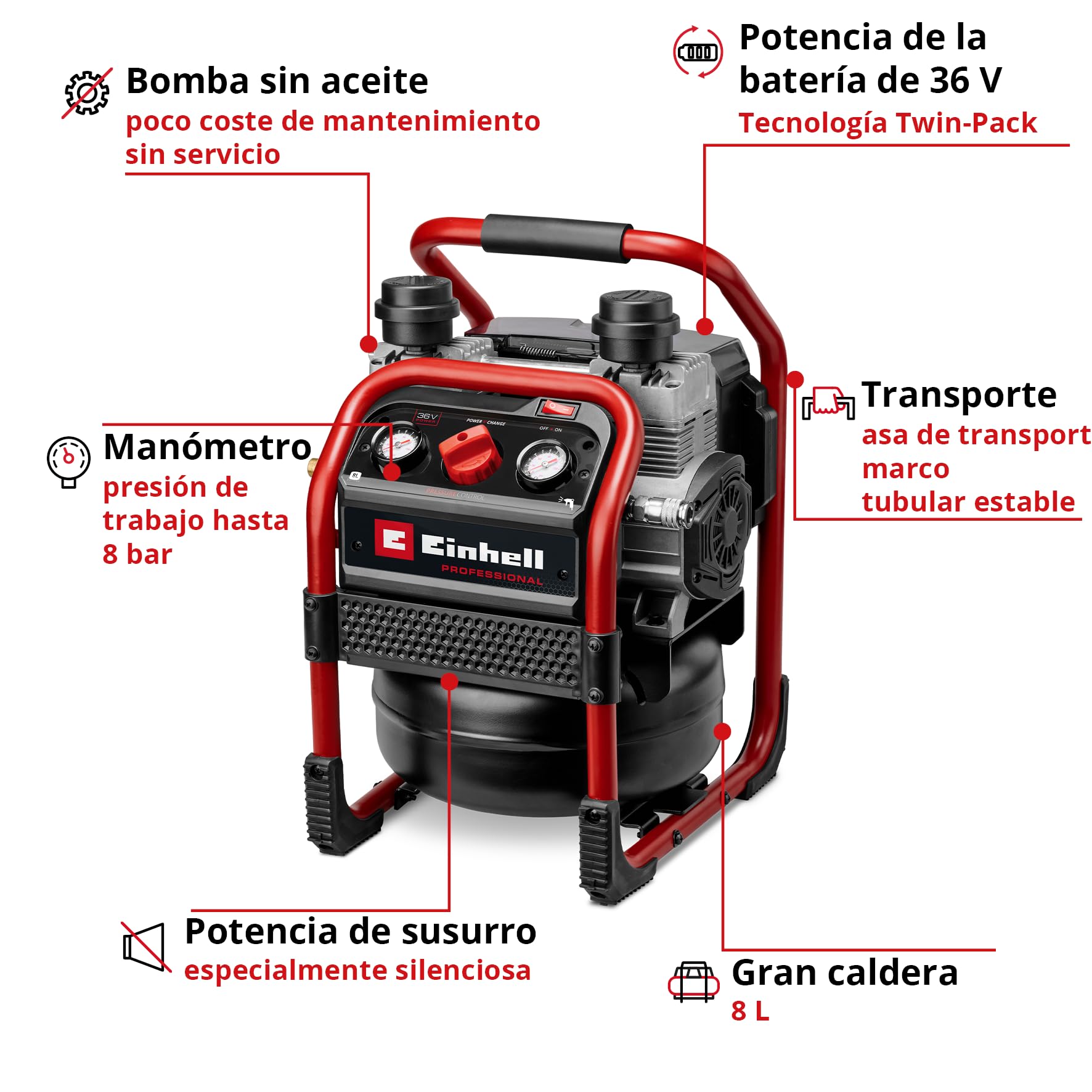 Compresor con batería SILENZZO 36/210 Einhell Professional Power X-Change (36 V, máx. 8 bar, depósito de 8 l, potencia de aspiración 210 l/min, manómetro, sin aceite, silencioso, sin batería)