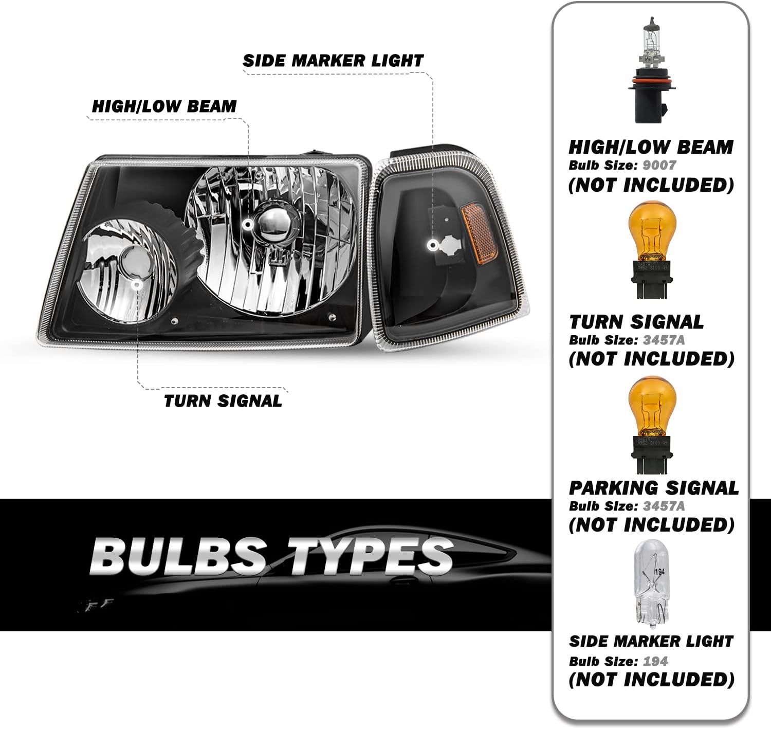 SOCKIR Headlight Set for 01-11 Ford Ranger Passenger and Driver Side with Corner Light 4PCS (Black Housing with Amber Reflector)