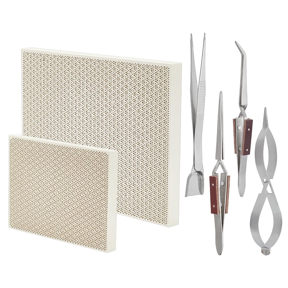 BENECREAT 6 kit de Soudure Bijoux, Outils de Moulage Par Fusion Comprennent 2 bloc de Soudure en Nid D'Abeille, 3 pinces à Souder et une Pince à Épiler avec Pelle, pour la Fabrication de Bijoux