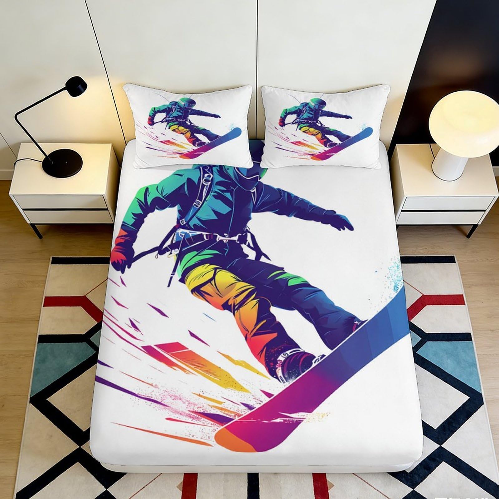 3D Printed Colorful Snowboard Fitted Sheet Microfiber Anti-Slip Rainbow Sports Mattress Cover for Bedroom Dorm Apartment 90x200x25cm