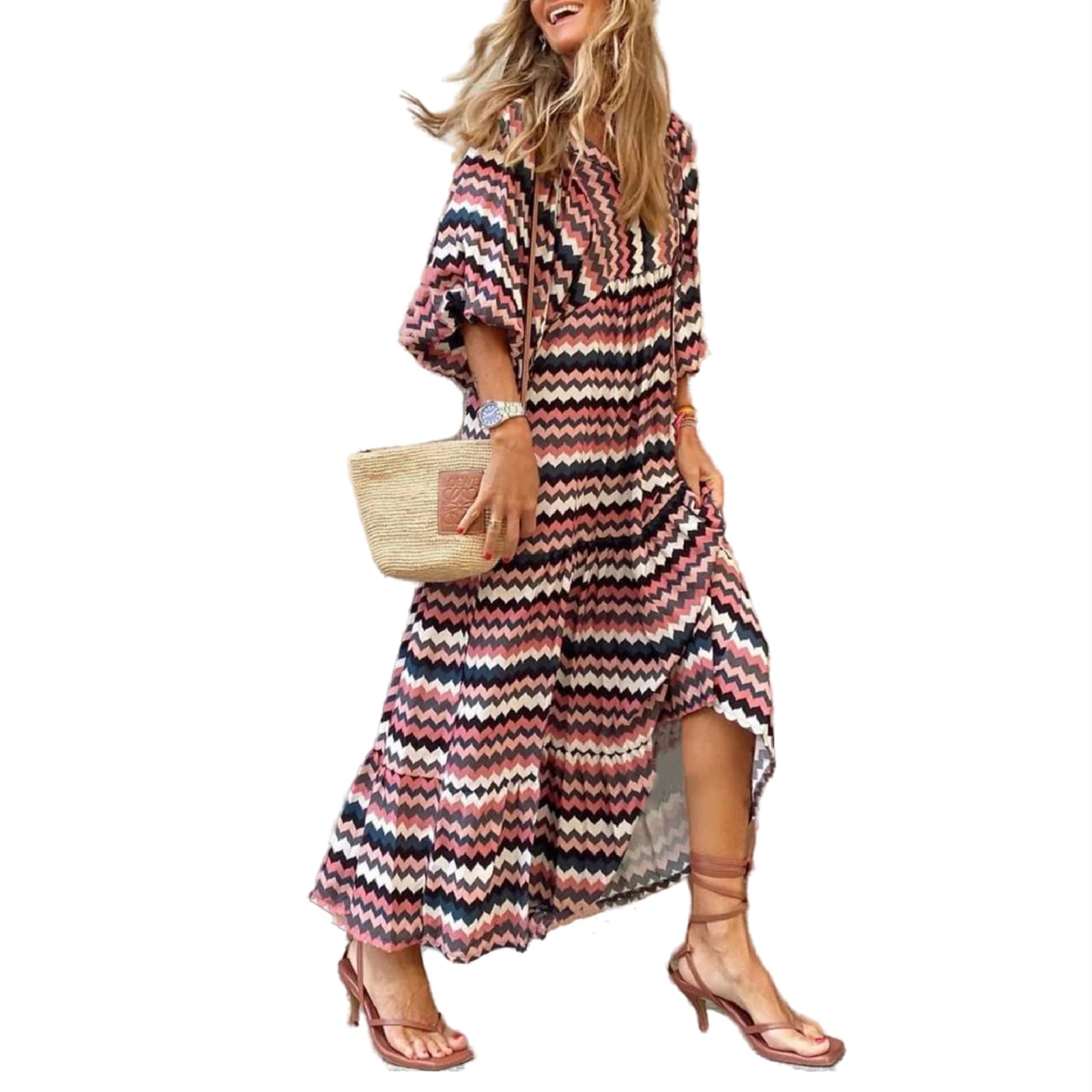 Women's Maxi Dress Boho Floral Puff Sleeve Tiered Sundress Casual Loose Fit Flares Bohemain Dresses