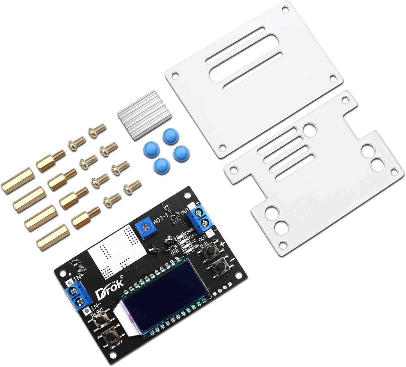 Image showing the disassembled DROK buck converter module with its acrylic case parts, standoffs, and screws laid out.