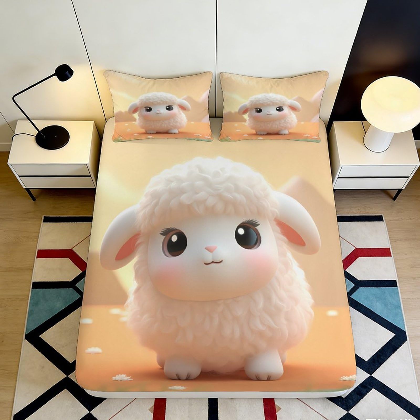 3D Printed Cute Fluffy Lamb Fitted Sheet Microfiber Soft Anti-Slip Cartoon Sheep Bed Cover Bedroom Decor 90x200x25cm