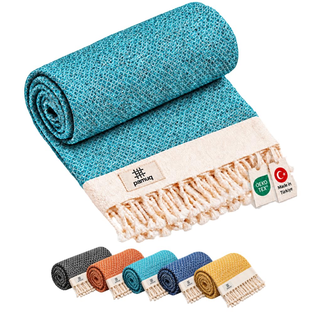 pamuq® Strandtuch XXL – Hamamtuch, Saunatuch, Badetuch & Duschtuch aus Baumwolle, handgemacht, leicht, saugstark, schnelltrocknend, Oeko-TEX® Zertifiziert, Yogatuch, Pareo, Pestemal türkis blau