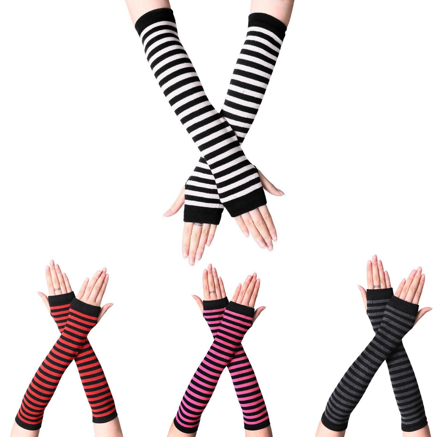 Fibound Women's Black + White 4 Pairs Knitted Arm Warmers | Fingerless Long Gloves For | Winter Wrist Protection With Finger Holes | Soft Stretchy Mittens For Girls &
