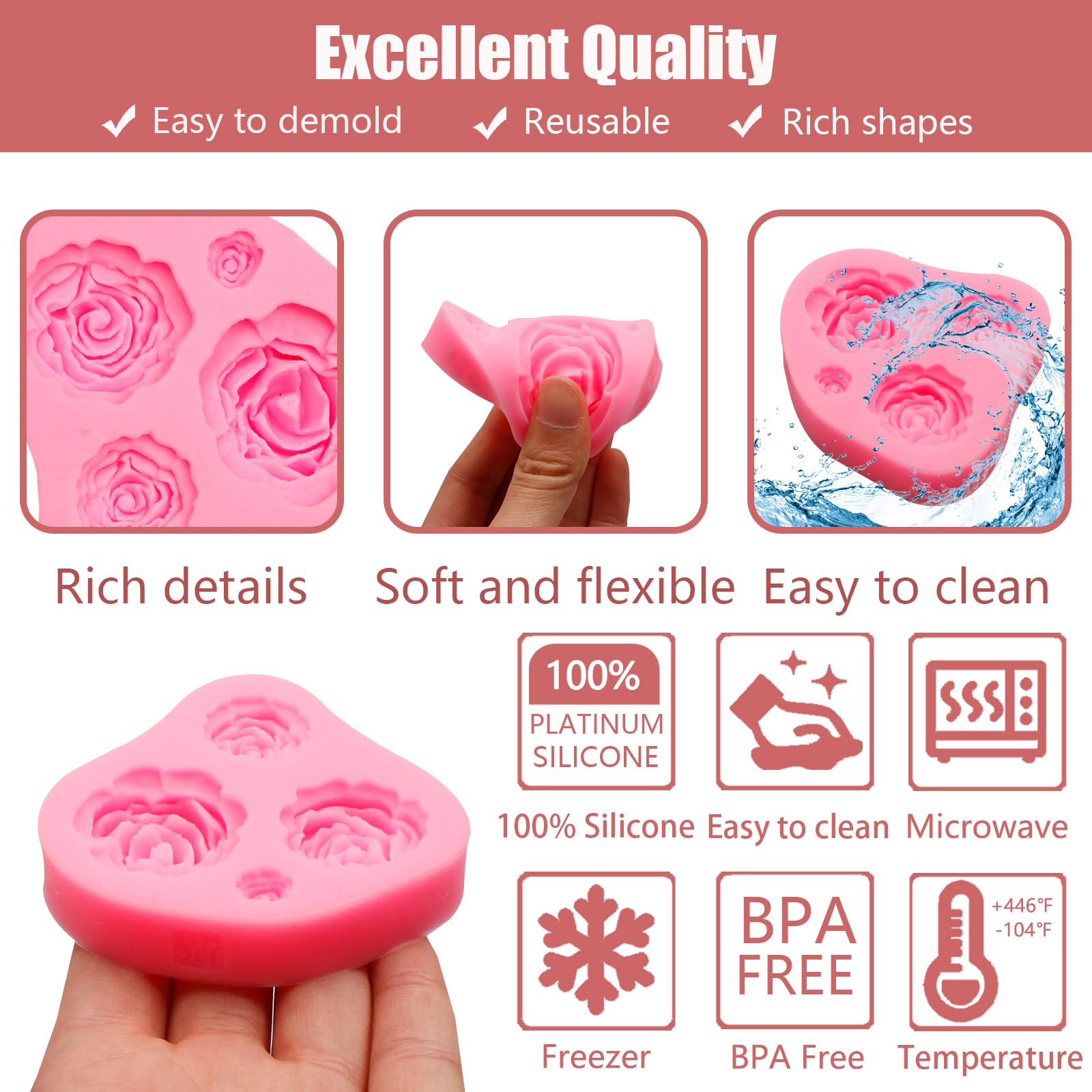 2 moldes de silicona con diseño de rosas y flores, para fondant, chocolate, fondant, decoración de pasteles, caramelos, cupcakes, arcilla polimérica, manualidades, resina epoxi