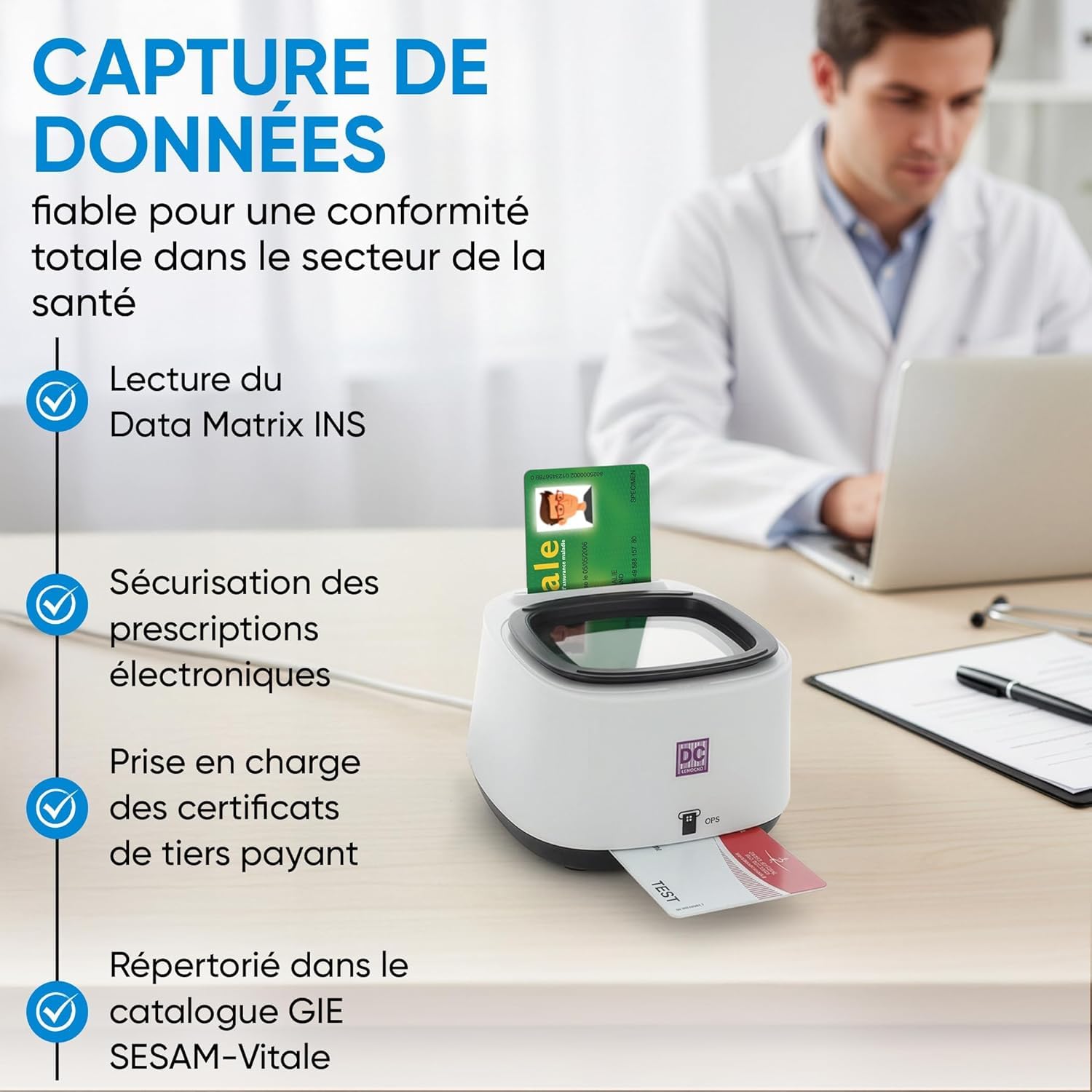 DC300 Pro Lettore 4 in 1 QRCODE NFC 2 Slot per schede vitali e CPS Sesam Vitale, Plug and Play, Nessun driver da installare, connessione USB A o USB C - Cavi forniti - Versione Mac OS