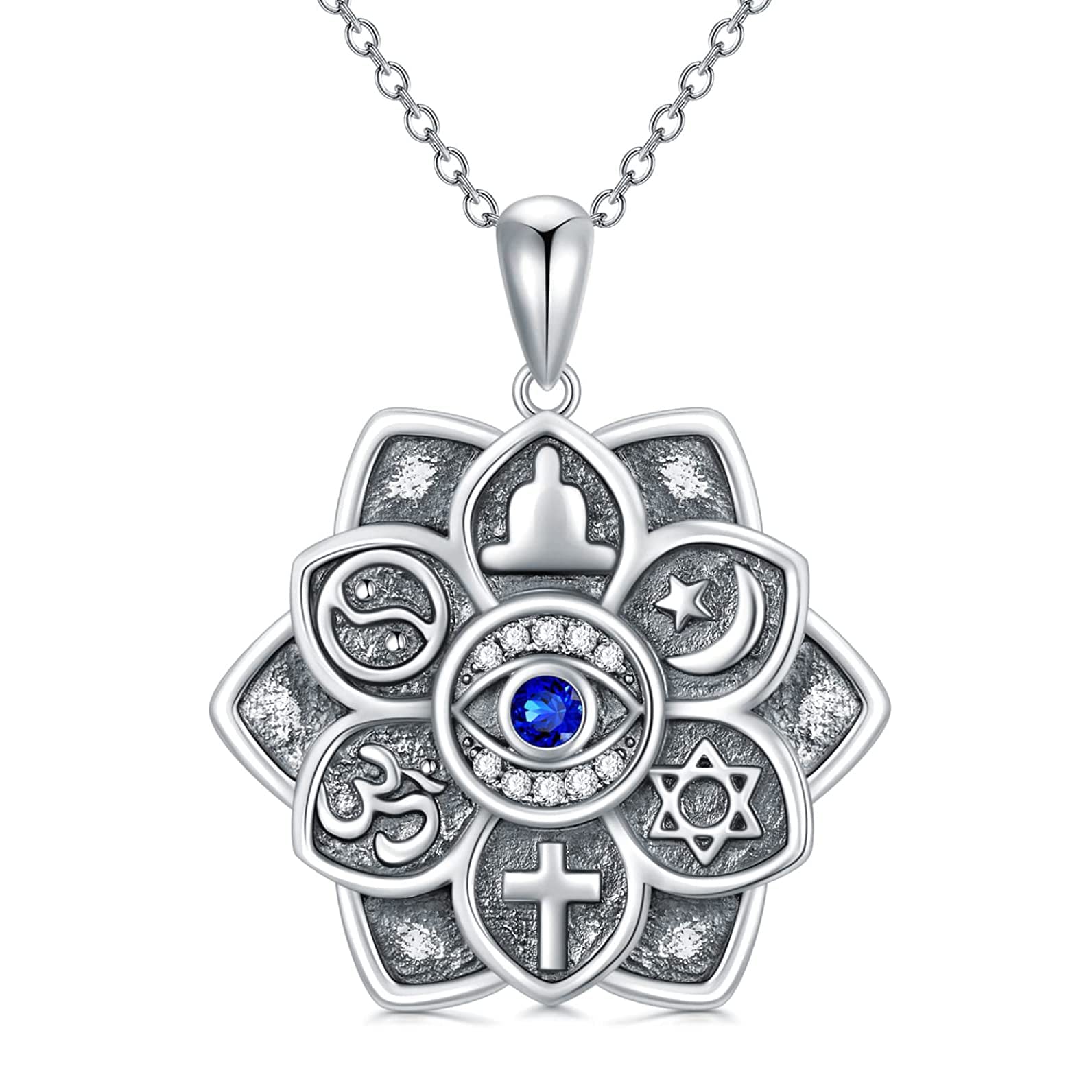 ROMANTICWORK Lotusblume Evil Eye Kette Sterling Silber Lotusblüte Kette Lotus Mondstein Anhänger Halskette Yoga Geschenk Schmuck Amulett für Damen Mädchen