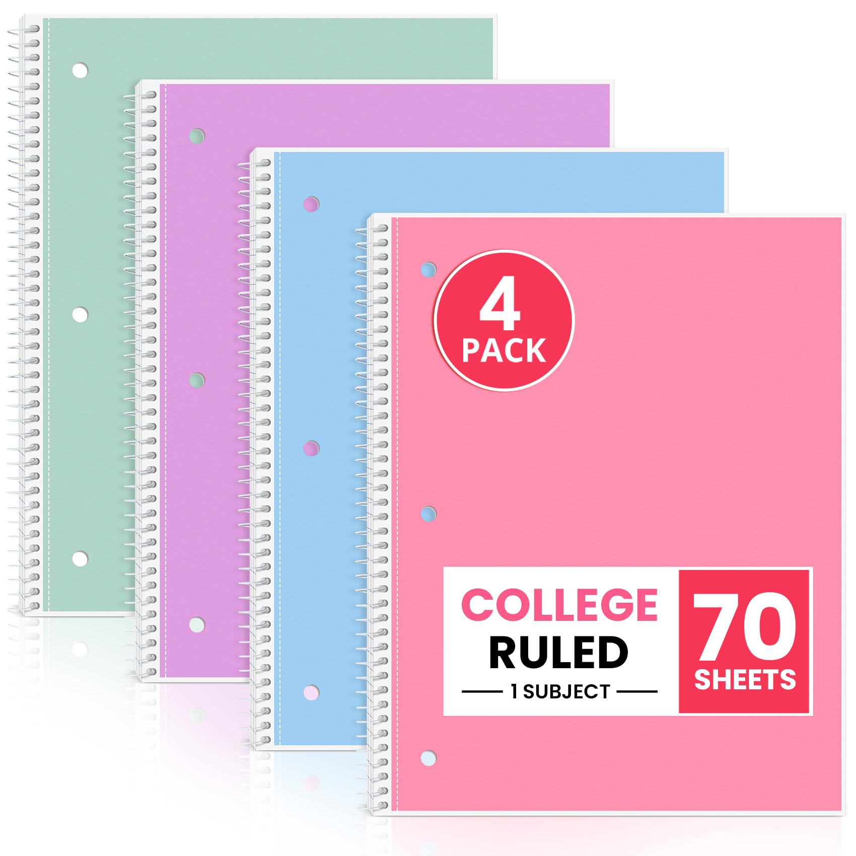 Taja Spiral Notebook College Ruled, 4 Pack, 1 Subject Notebooks (8" x 10-1/2"), 3-Hole Punched Paper, Assorted Pastel Colors Spiral Notebook for