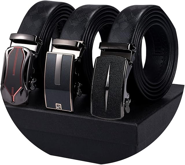 Barry.Wang Mens Leather Belt Ratchet Belt with 3 Automatic Buckles Adjustable Strap