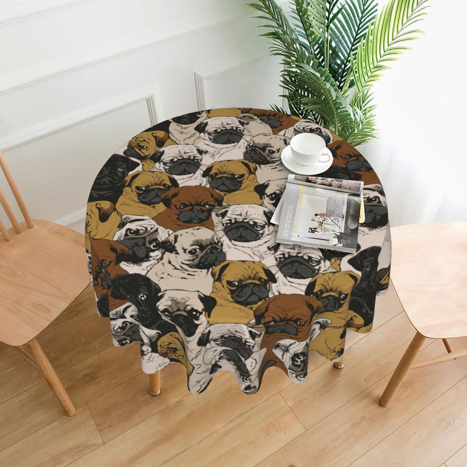SDEGTHO Imagen De Pug Print Modern Retro Round Tablecloth 60in Polyester Fabric Cover for Party Dining Table Washable
