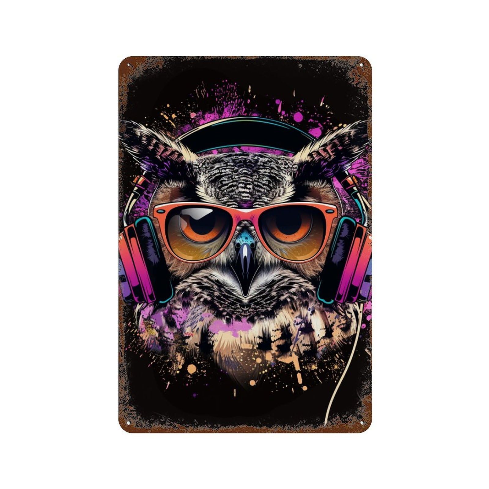 Decorative Tin Sign with Owl DJ Headphones Art Print Design 11.8"x7.9", for Basement, Hobby Room And Garage Decor, Farmhouse Wall Decor