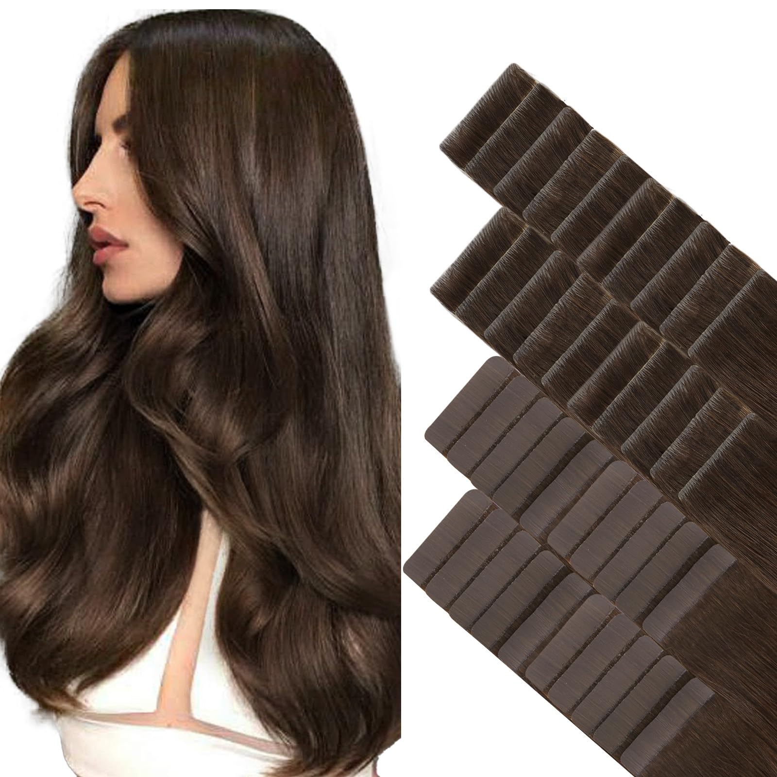 GOO GOO Invisi Edge Tape in Hair Extensions Human Hair, 4A Chocolate Brown 20pcs injected with 20pcs classical tape ins, 20inch 100g, Virgin Remy Hair