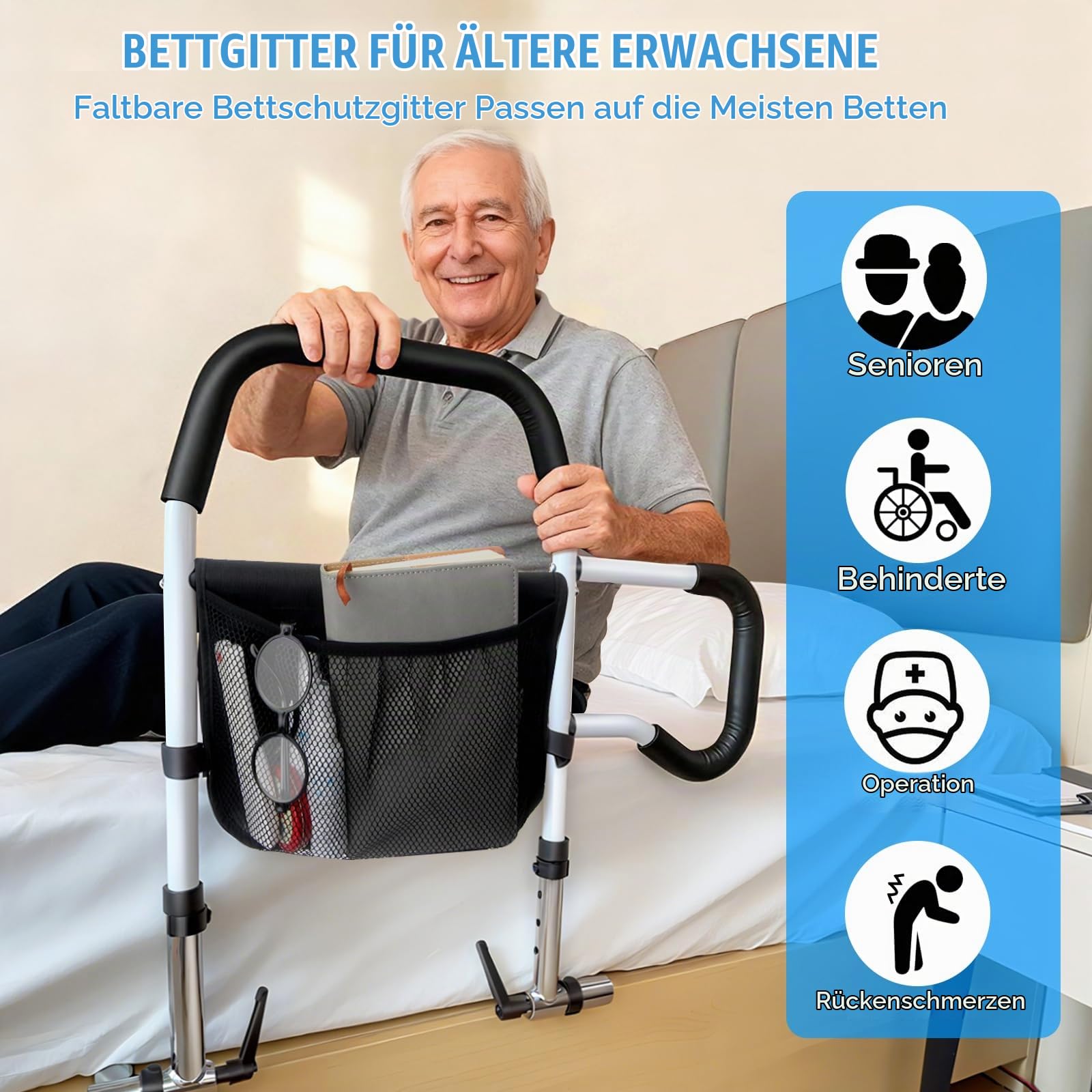Aufstehhilfe Bett fur Senioren, Faltbare Bettgitter für verstellbares Bett, Nicht wackelige Betthilfsstange für Senioren, passend für King/Queen/Voll/Twin
