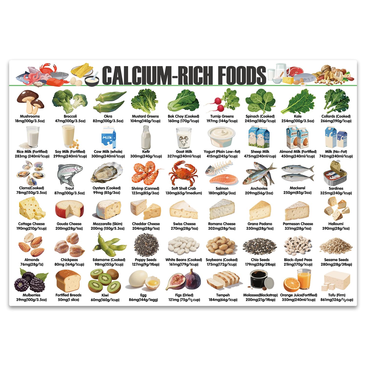 Calcium Rich Foods Chart: Magnetic High-Calcium Foods List for Bone Health, Healthy Eating Nutrition Guide — image 1