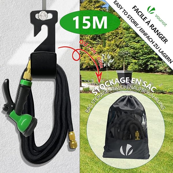 VOUNOT® Tuyau d'Arrosage Extensible 15m Renforcé Adaptable 1/2" et 3/4" 10 Modes de Pulvérisation Flexible et Anti-Fuite Raccord et Sac de Rangement Fournis Noir - 5