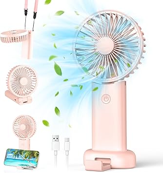 Ventilatore Portatile,Mini Ventilatore USB Ricaricabile,Pieghevole Ventilatore A Mano Silenzioso Potente,3000 mAh, 3 velocità di ventilazione da Tavolo per Viaggi,Ufficio,Campeggio-Rosa