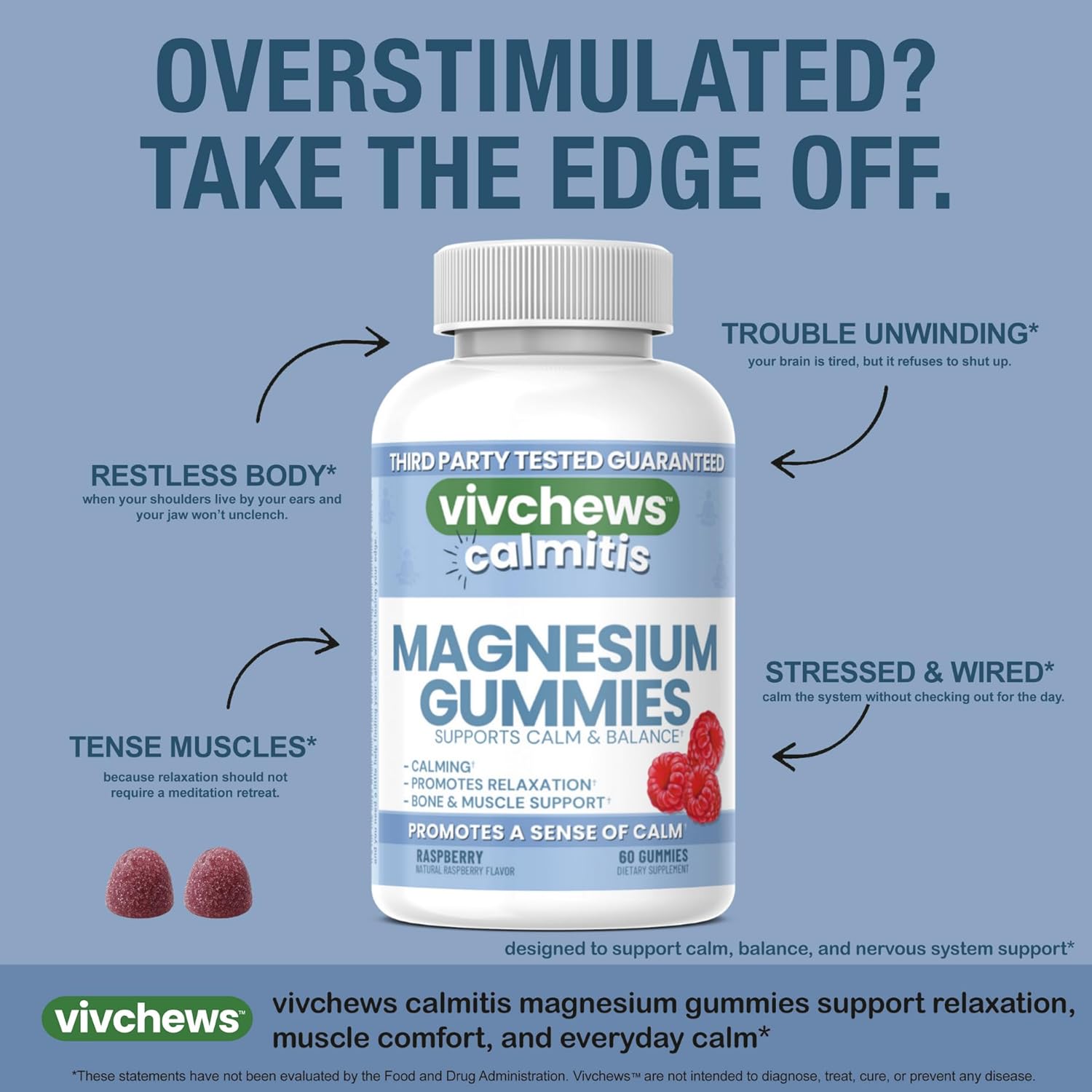 Calmitis Magnesium Gummies – Supports Calm & Balance, Magnesium Citrate, Natural Raspberry Flavor, Fruit Pectin Based, Gelatin-Free, Vegan, No Artificial Colors, Flavors or Sweeteners, 60 ct