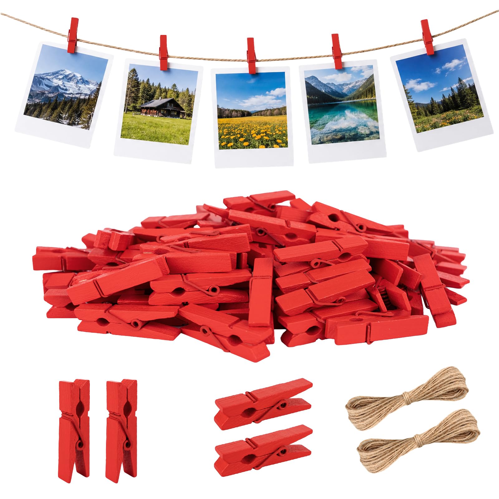 jijAcraft 3.5cm Red Mini Pegs: 100Pcs Wooden Photos Pegs for DIY Crafts, Small Wooden Clothes Peg for Hanging Photos Cards, Photo Display Clips for Birthday, Wedding, Christmas, Party Decoration