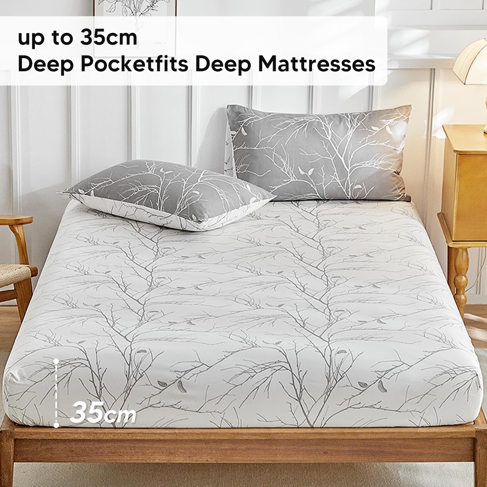 Tokokimo 4PCS Duvet Cover Sets King Size Bedding Sets, Botanical Branches Printed Grey Kingsize Duvet Cover Sets with Pillowcases and Extra Fitted Sheet, Soft Microfiber King Size Bedding Sets — view 7