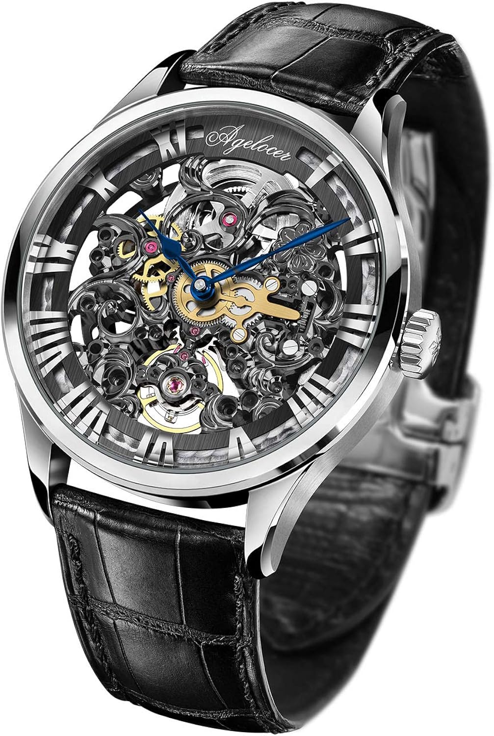 Miniatura 2 de AGELOCER Reloj mecánico automático tallado hueco impermeable de acero inoxidable relojes de negocios para hombre