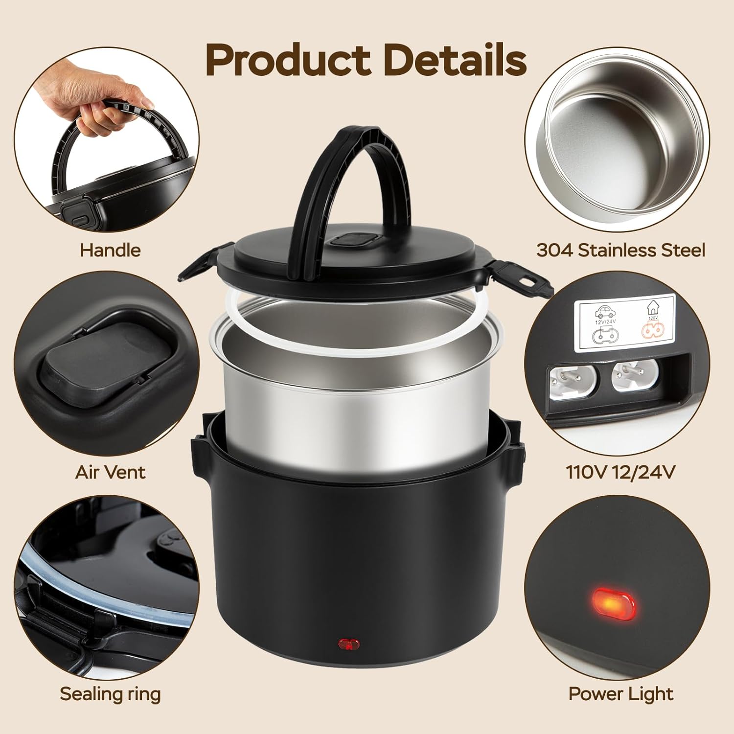1.5L Electric Lunch Box, 100W Portable Food Warmer, 12/24/110V for Travel, Work, Car, Truck, On-the-Gofor(Black)