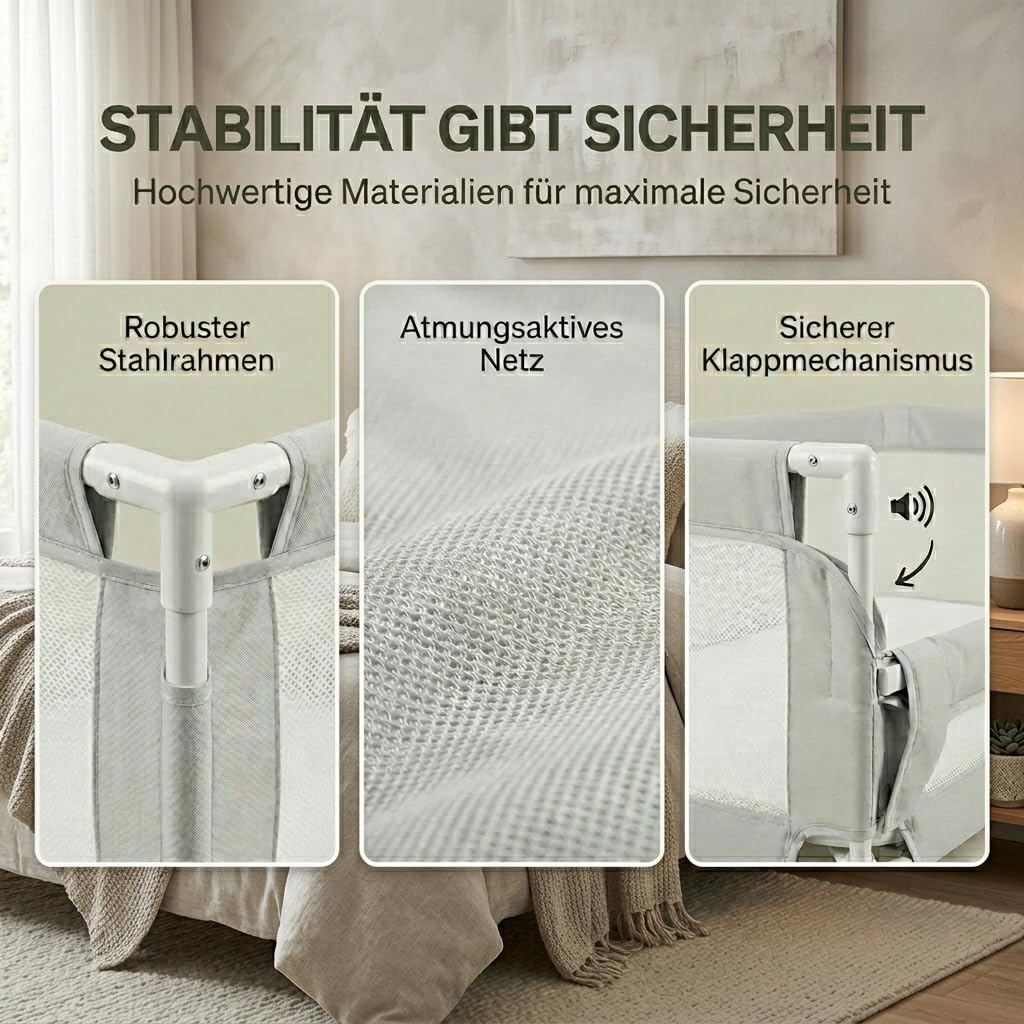 BabybeFun Beistellbett Baby [Stillen im eigenen Elternbett] Babybett für Boxspringbett und normales Bett mit Überrollschutz [Extra Sicher] Rausfallschutz Bett | Kinderbett Alternative