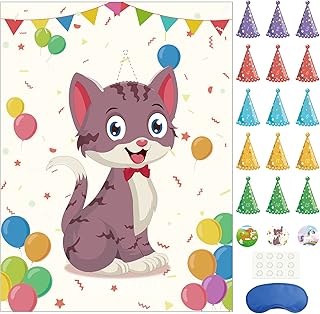 Morcheiong Pin The Tail on The Cat Birthday Party Game with 48 Hats, Cat Themed Birthday Party Favors Supplies Decorations for Kids