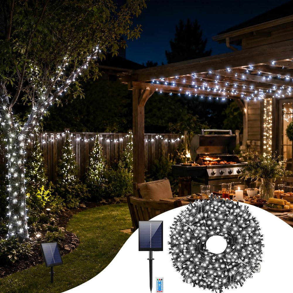 Solar Lichterkette Aussen LED Solarlichterkette 20-100M, 8 Modi Lichterketten IP67 Wasserdicht Außen Wetterfest Solar Lichterkette Camping Patio Party Grillen (Kaltweiß,1000 LEDs: 100M)