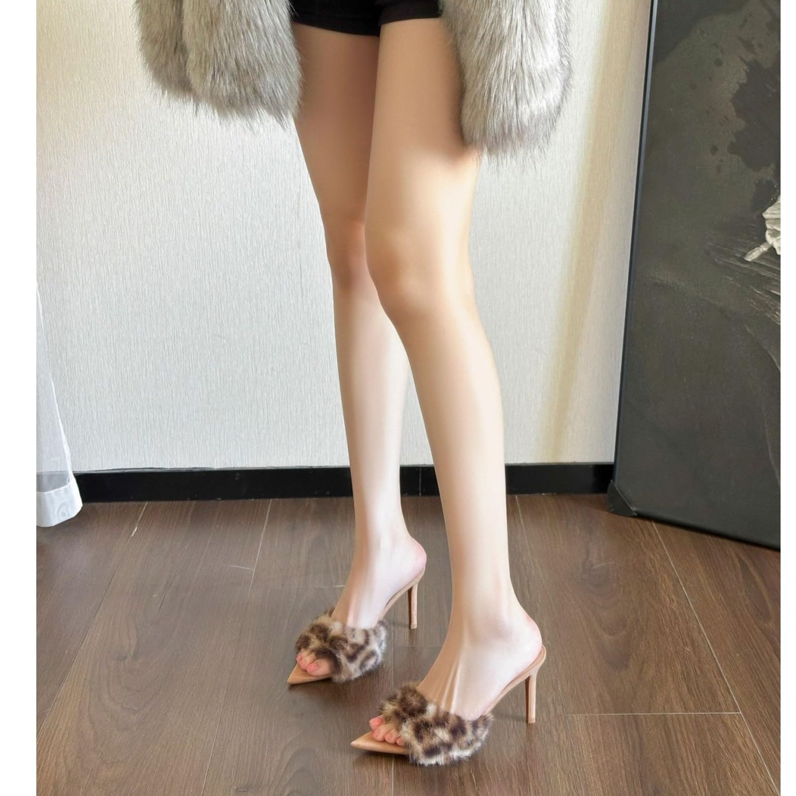JJDFW - Pantuflas puntiagudas para mujer, con correa peluda, tacón de gatito, zapatos de vestir para otoño e invierno, oficina, viajes, tacones de aguja