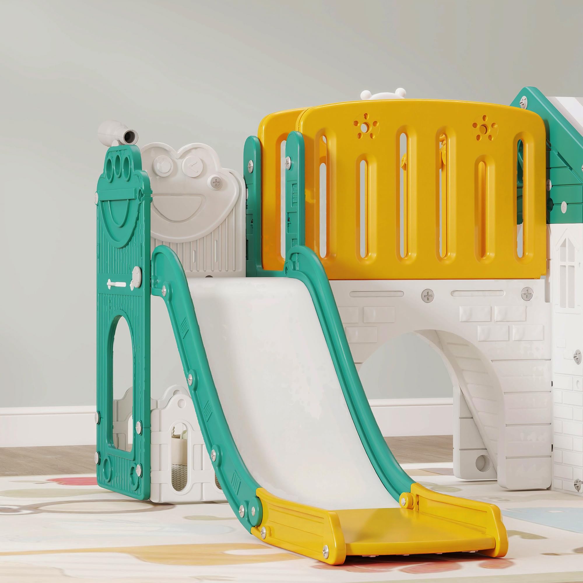AIYAPLAY Tobogán Infantil 7 en 1 con Caseta para Niños, Tobogán con Escalera, Aro de Baloncesto, Túnel, Pizarra, Telescopio, para Interior, Amarillo y Verde