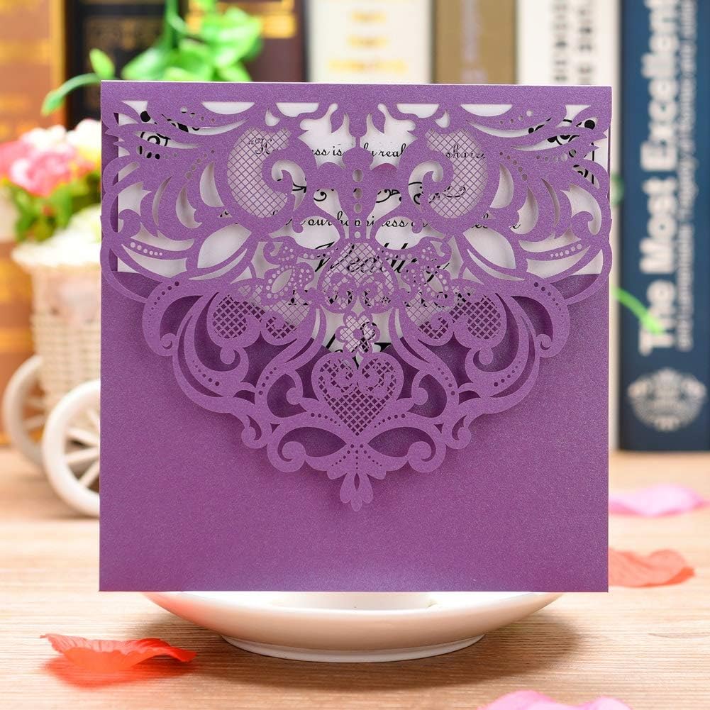 FOMTOR Laser Cut Invitations 50 Pack Laser Cut Wedding Invitations Card Kit with Blank Printable Paper and Envelopes for Wedding,Birthday Parties,Baby Shower Purple