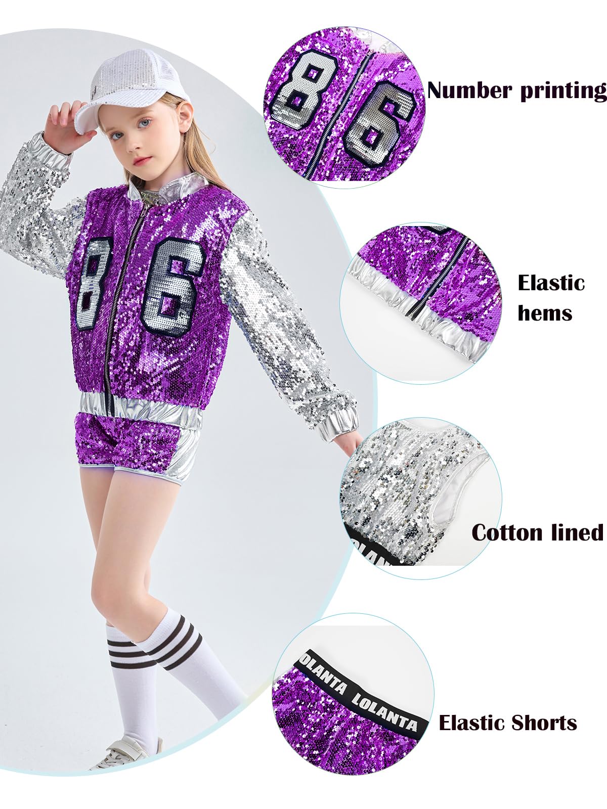 LOLANTA 4 Pcs Filles Paillettes Danse Costume Enfants Hip Hop Stree Dance Vêtements Ensemble Attacher des Chaussettes, 4-15 ans
