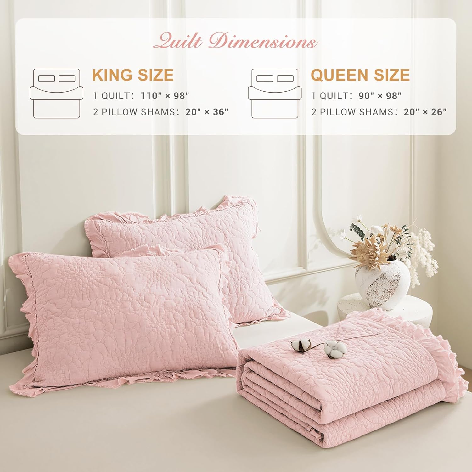 Sanracie Stonewashed Cotton Quilt Set King Size(110"x98"), Ruffled Light Pink Quilt Coverlet Bedding Set Flower Shabby Rustic Chic Quilted Bedspread Set 3PCS for All Season - Image 7