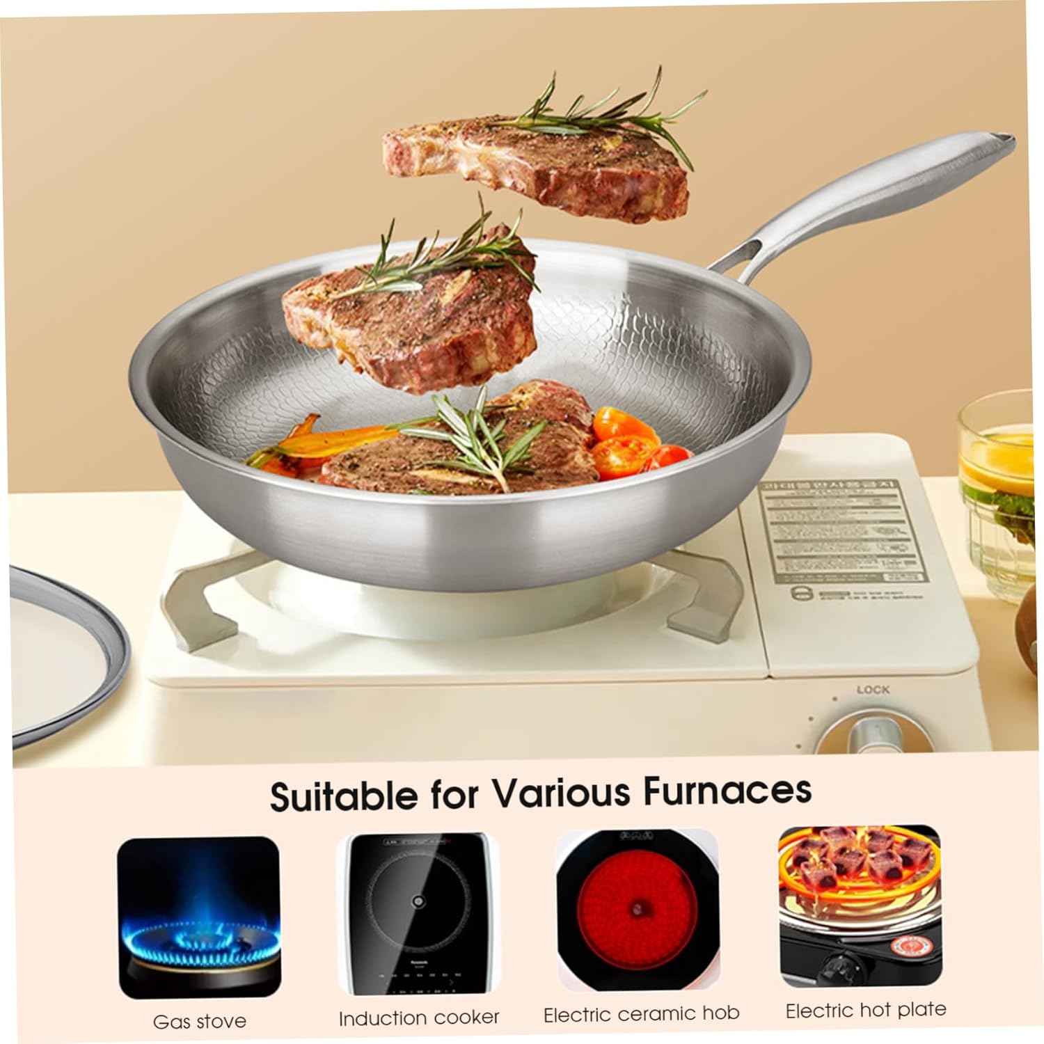 Frying Pan 12.6in Nonstick Even Heating Titanium Pan with Removable Handle Scratch-Resistant Titanium Skillet with Lid for All Stovetops