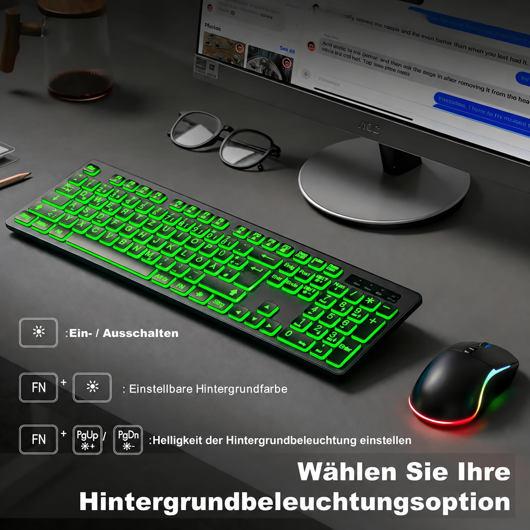Tastatur-Maus-Set kabellos, QWERTZ, große Schrift, 7 Lichtfarben