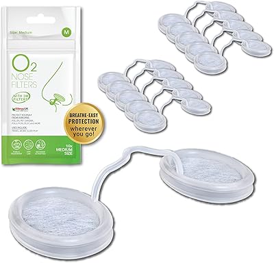 O2 Nose Filters with 3M Filtration - Nasal Screens for Allergies, Dust & Smoke - Drug-Free & Latex-Free Nose Filters - Invisible Allergy Protection Medium x 10