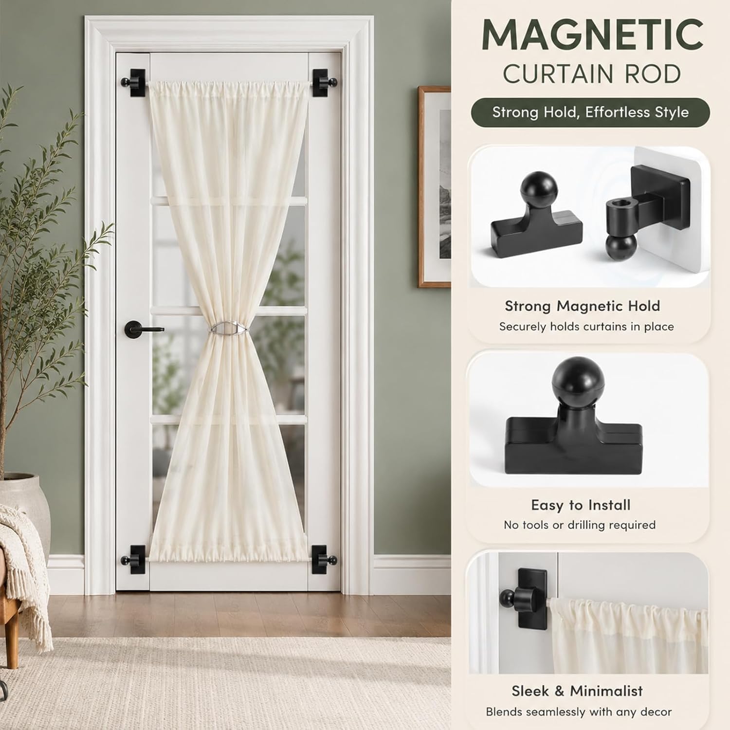 Magnetic Door Curtain Rod, Adjustable Magnetic Rod for Metal Doors,Windows