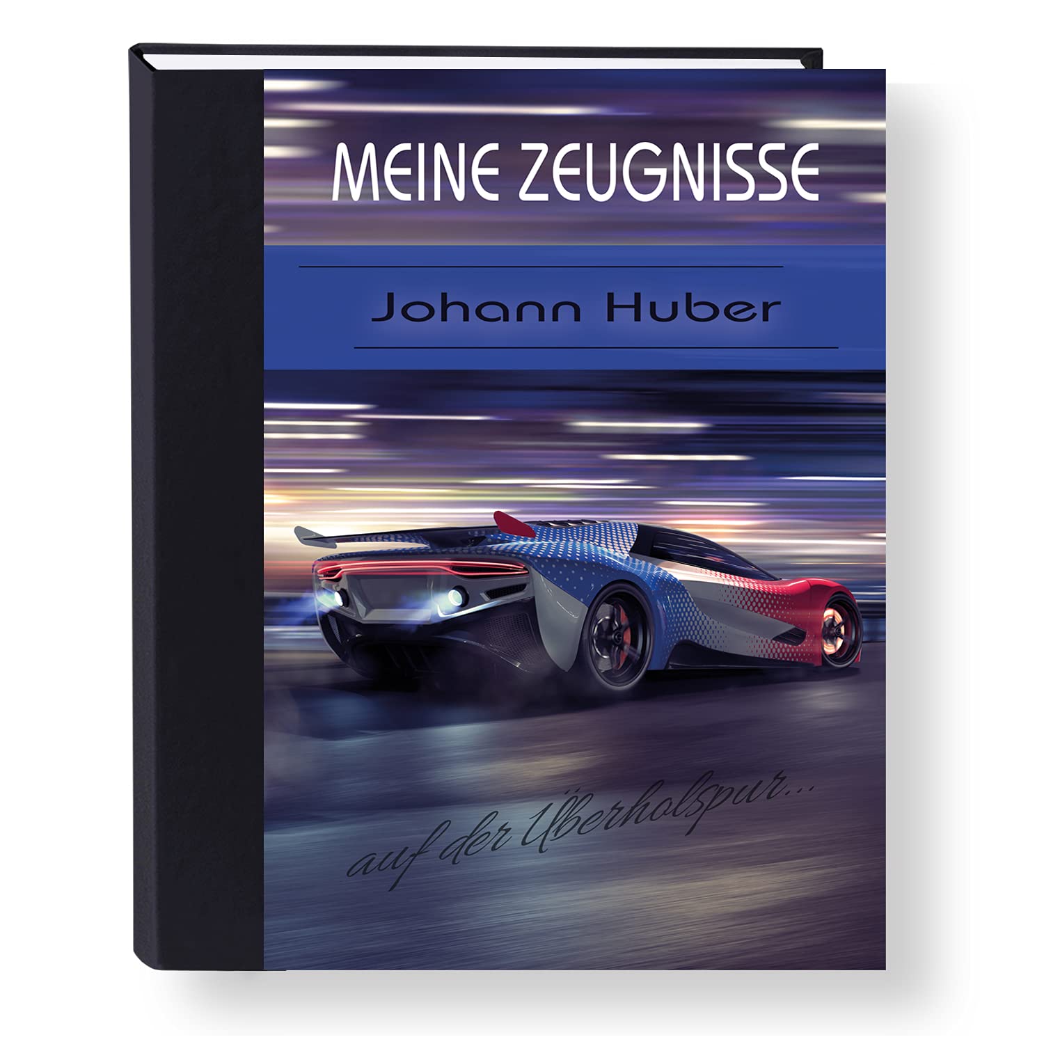 Zeugnismappe personalisiert High Speed A4 ca. 31x24 cm, lila blau, Zeugnisbuch Auto, Urkundenmappe Einschulung, Schulanfang