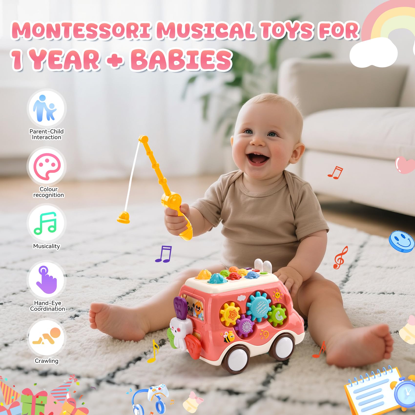 Giochi Bambini 1 Anno, Montessori Autobus Musicali, Giocattoli Bambini 1 2 Anni, Giochi Montessori 1 2 Anno, Regalo di Compleanno per Bambini di 1-2 Anni (Rosa)