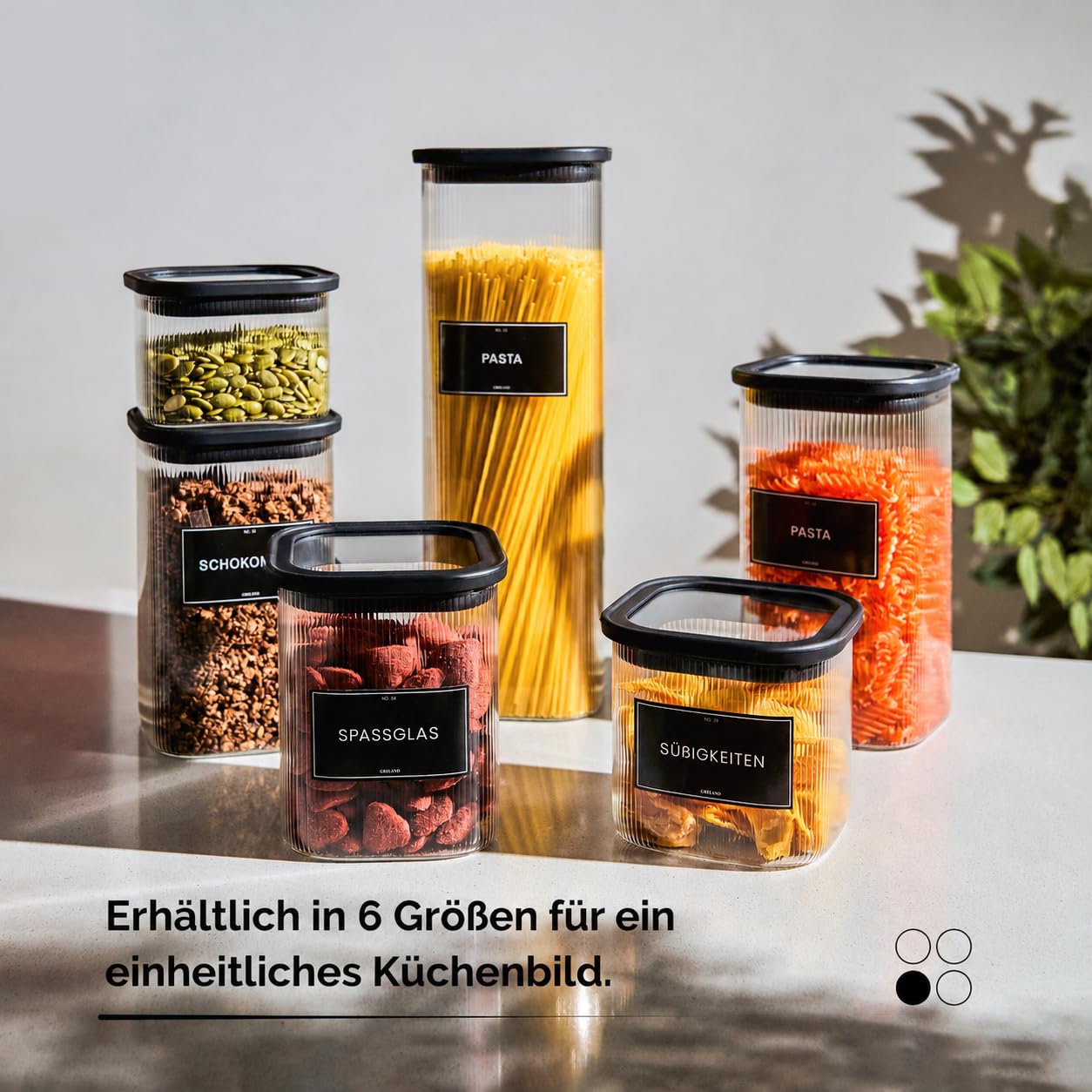 Riffel - Barattoli rettangolari con coperchio in vetro, 400 ml, set da 6 pezzi, ermetici e antitarme, barattoli da cucina per alimenti, pasta, farina, cereali, caffè