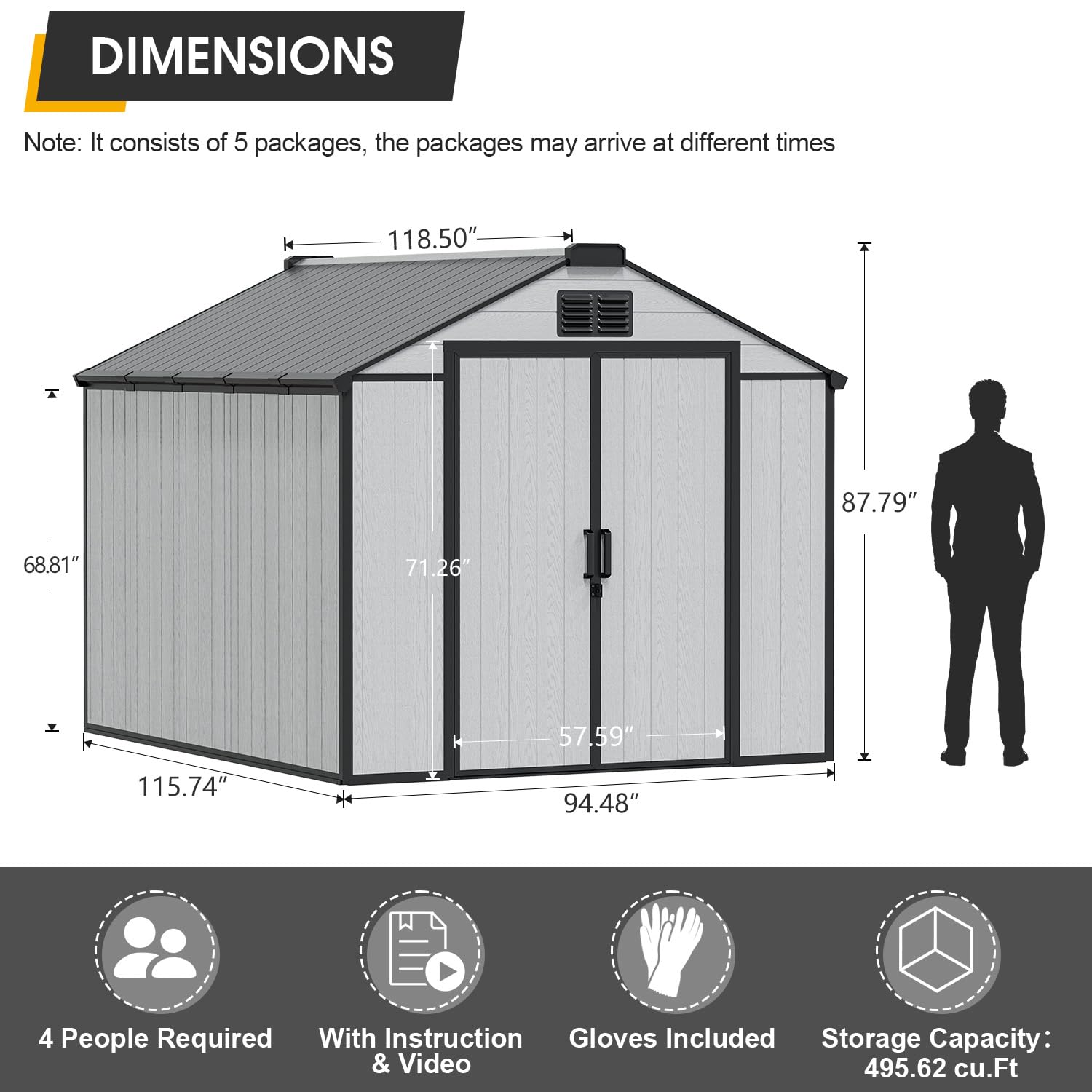 MELLCOM 8 x 10 FT Resin Outdoor Storage Shed with Floor, Outdoor Storage Tool Shed with Windows and Lockable Door, Resin Garden Shed for Lawnmower, Bike, Pool Supply - 3