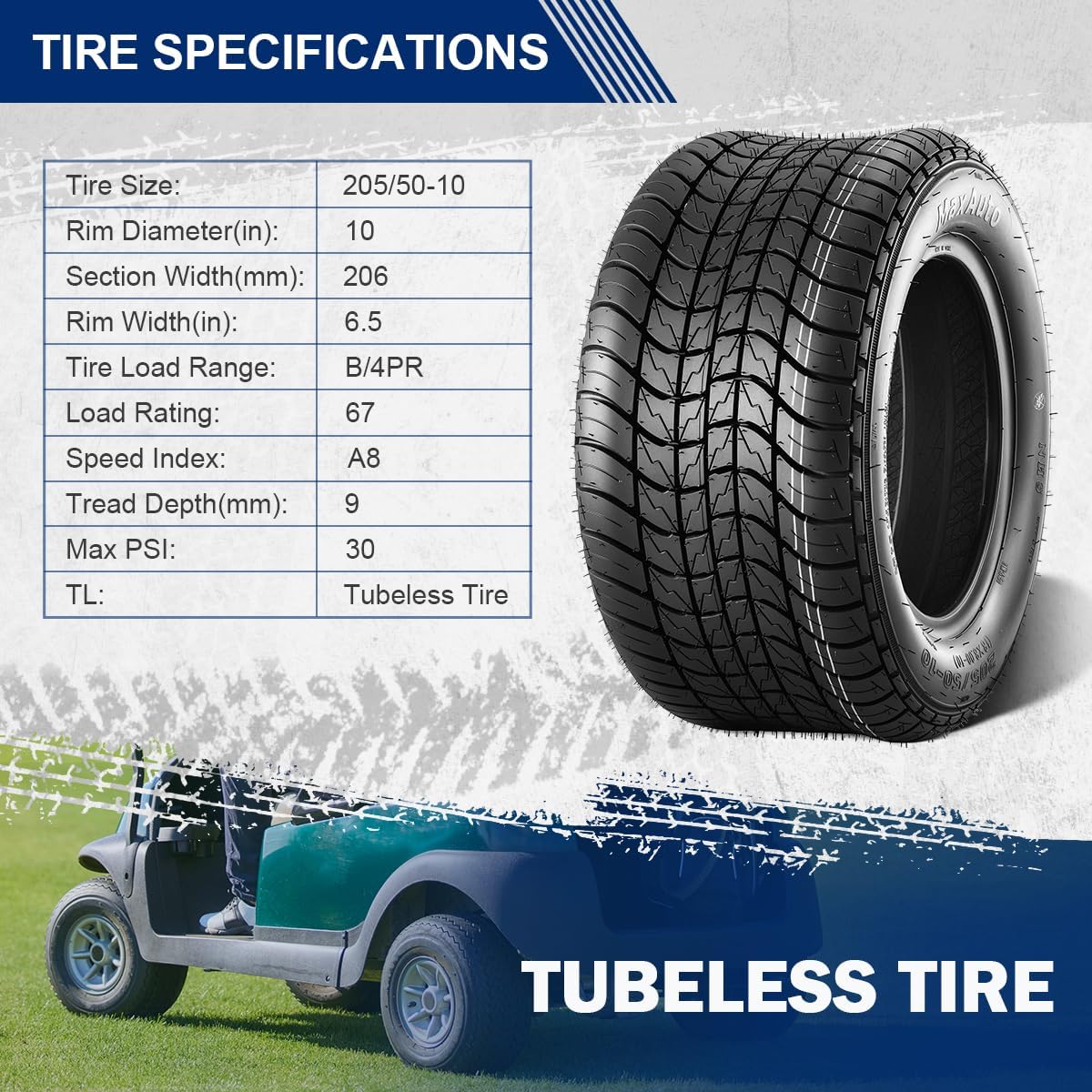 MaxAuto 205/50-10 Golf Cart Tires 205/50/10 205-50-10 205 50-10 Tire 4PR Tubeless, Set of 2