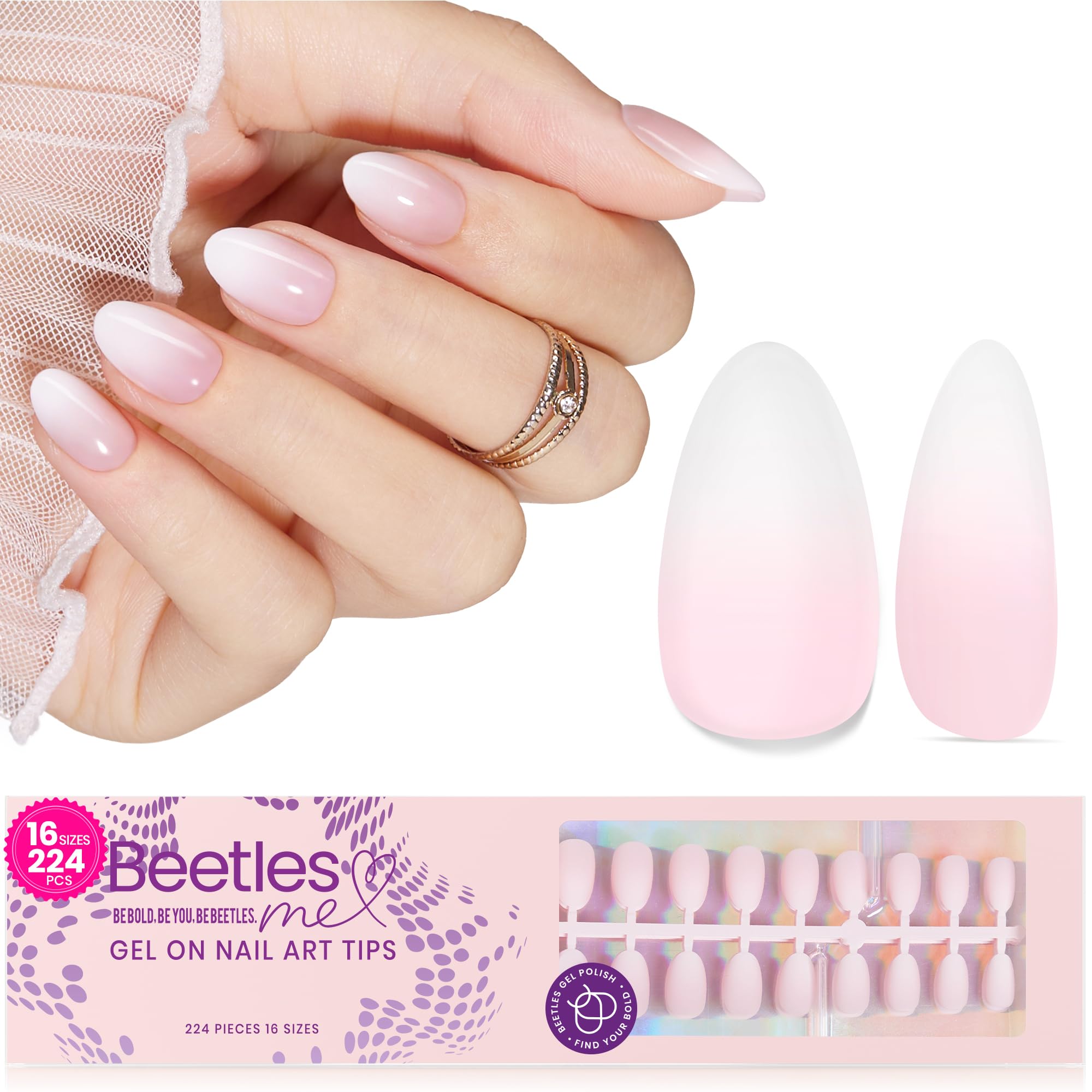 Beetles French Tip Press On Nails, 16 Sizes 224 Pcs Ombre Pink Extra Short Almond Press On Nails 4 In 1 Gel Nail Tips Pre-Applied Primer Base Soak Off Uv Nail Extension Gift for Women
