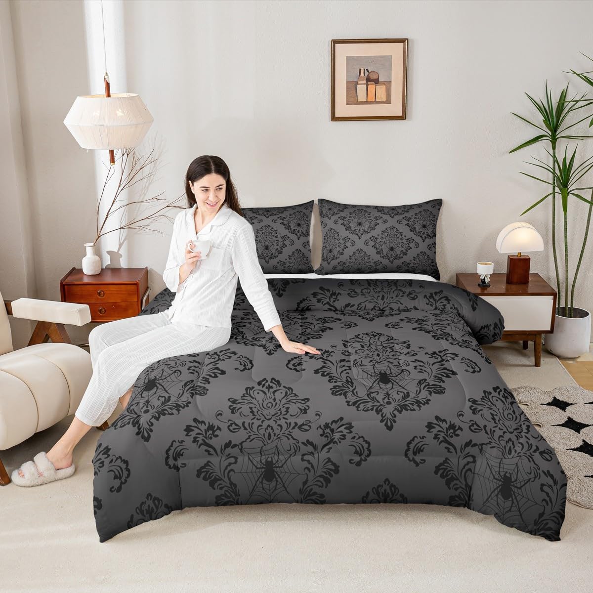 Parure de lit gothique noir foncé avec couette motif araignée baroque