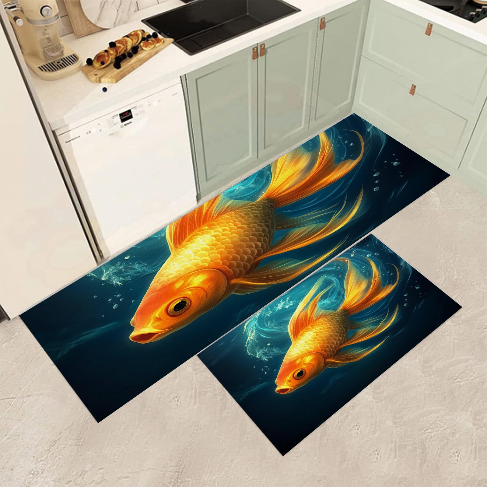 Tapis de cuisine antidérapant en lot de 2 pièces design poisson rouge pour couloir et salon