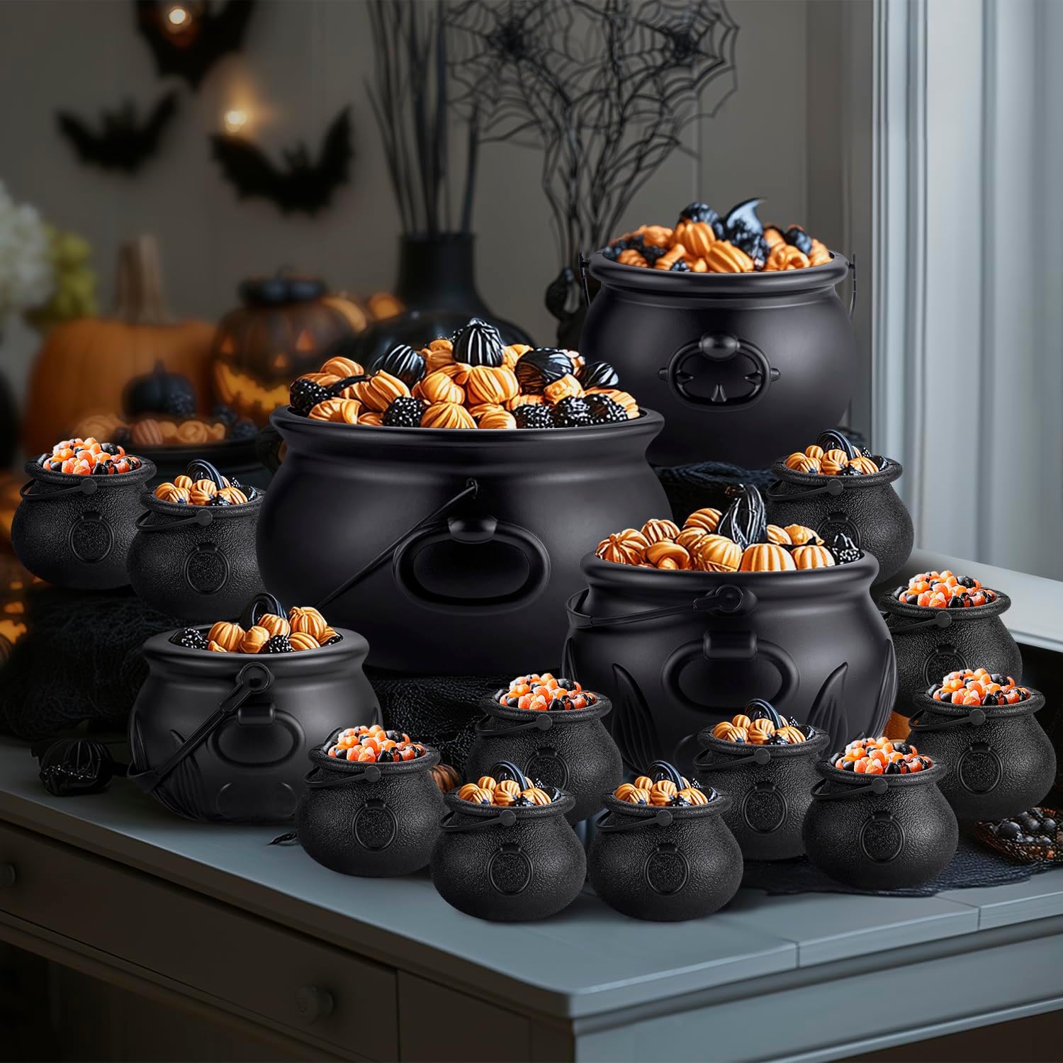 15 in 1 Package (12.8”, 9.8”, 7.6”, 5.7”, 2.7”) Large Black Plastic Witch Cauldron Kettle - Cauldrons Halloween Pot Candy Holder for Halloween Decor Party Supplies