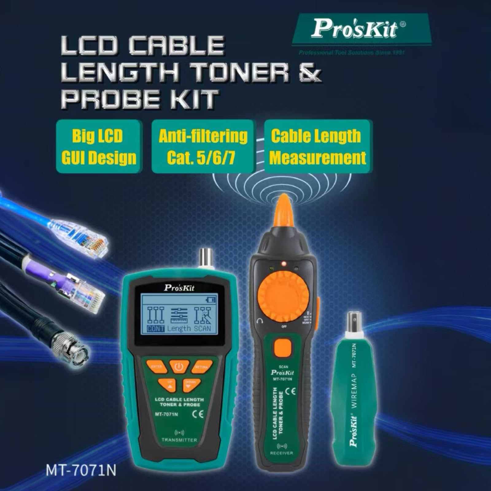 Pro'sKit Netzwerkkabel Tester MT-7071N, Netzwerk Kabel Tester- Cat5/6/7, Ethernet-Kabeltester, Netzwerktester Kabeltester Multifunktionaler LCD Wire Tracker